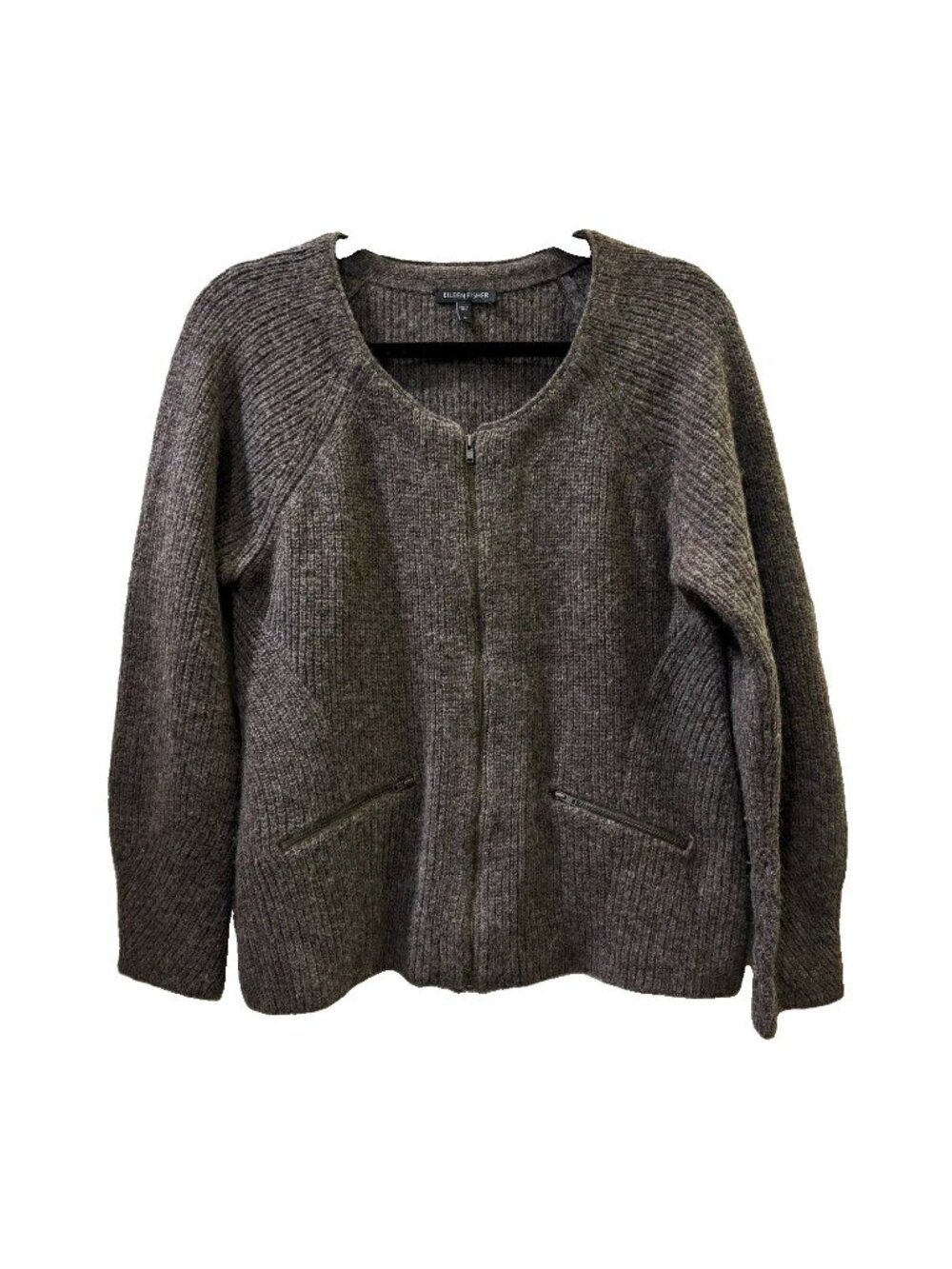 Eileen Fisher taupe gray 100% Baby Alpaca Knit Full Zip Cardigan Pockets Women M